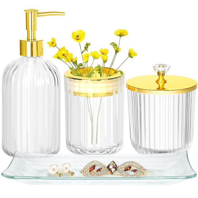 Bathroom Accessories Set, 4Pcs Clear and Gold Glass Bathroom Accessories Sets Complete w/Lotion Soap Dispenser, Toothbrush Holder, Apothecary Jar, Vanity Tray, Bathroom Decor