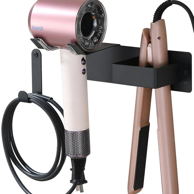Hair Dryer Holder Wall Mounted, Hair Tool Organizer Wall Mount for Bathroom, Stainless Steel Hair Dryer Holder, Blow Dryer Holder Adhesive/Drilling Hair Dryer and Straightener Holder Black UEMUSI