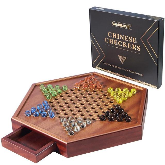 VAMSLOVE Chinese Checkers 15" Large Upgraded Version Wooden Game Board, 16mm 60+12 Colorful Glass Marbles, Easy Grasping for Adults and Kids, w/Storage Drawer, Fun for Family Gathering