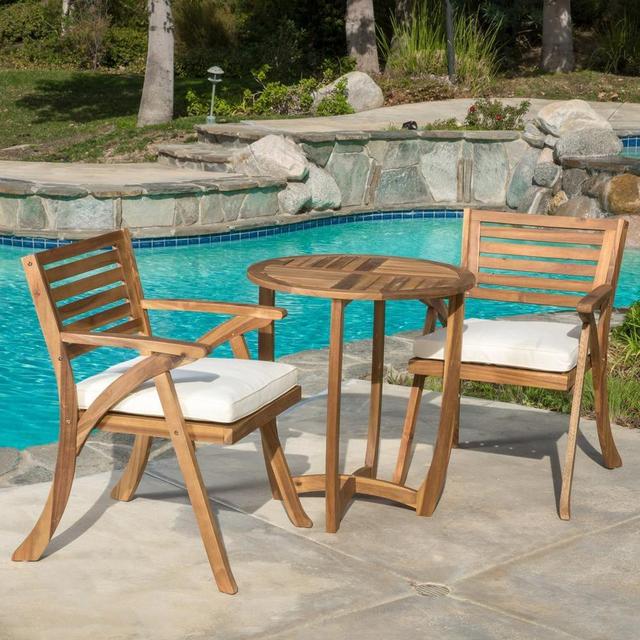 Coronado Teak Brown Finish 3-Piece Wood Round Outdoor Bistro Set with Cream Cushions