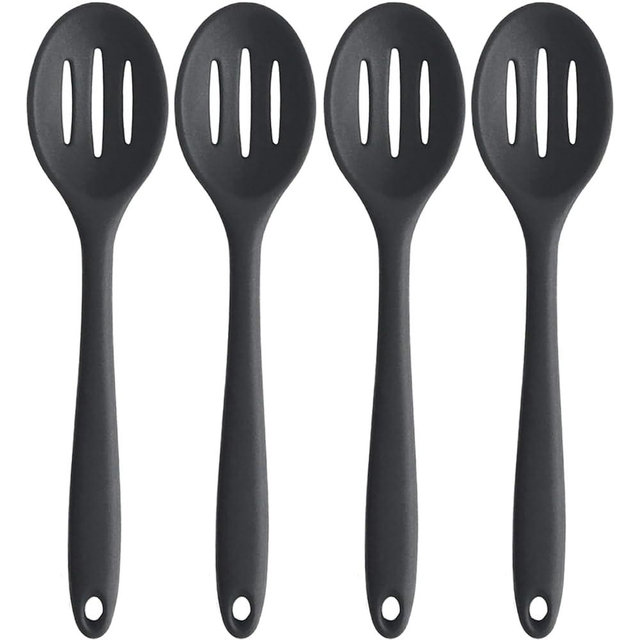 4 Pieces Silicone Slotted Spoons,10.6 Inch Nonstick Mixing Serving Spoons for Kitchen Cooking Bake Stir Draining Tool (Black)