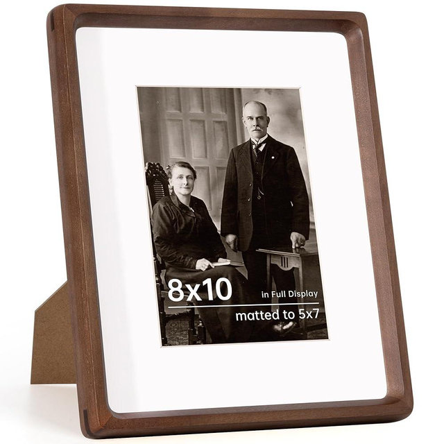 8x10 Walnut Frame USA-Sourced Natural Wood Picture Frames Handcrafted Rounded Corner with Mat to 6x8 Picture Display with Real Glass Family Picture, Photo, Certificate