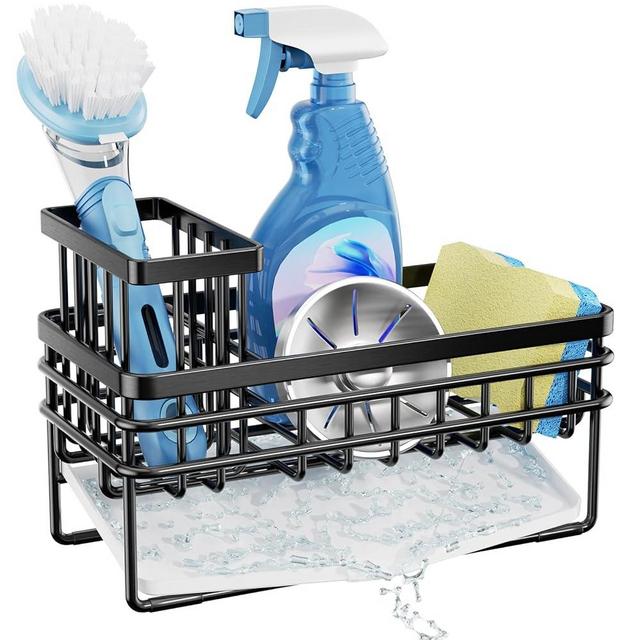HapiRm Multifunctional Kitchen Sink Organizer with Self-draining Tray, Sink Caddy with Detachable Brush Holder, Rustproof Stainless Steel Sponge Holder for Kitchen Sink-Black