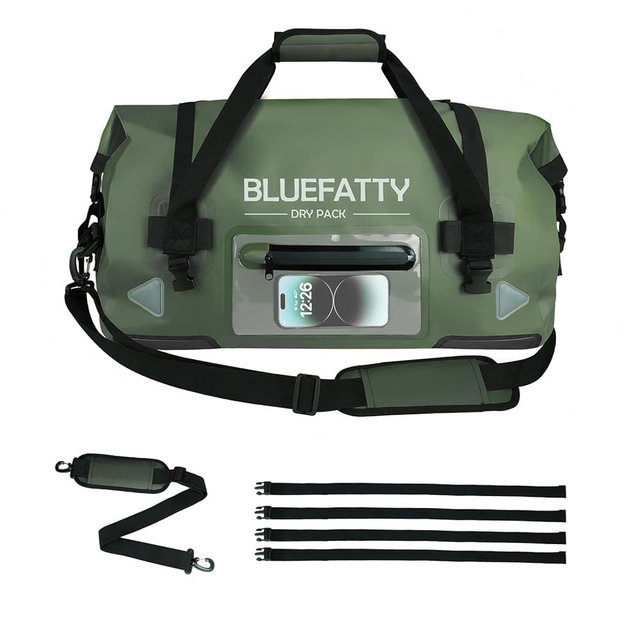 BLUEFATTY Waterproof Motorcycle Duffel Bag Roll Top Dry Duffel Bag with Quick-fixed Straps for Rafting, Boating, Kayaking, Travel, 50L(Army Green)