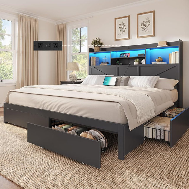 DICTAC California King Bed Frame with 6 Storage Drawers, Farmhouse Bed Frame with Bookcase Headboard, LED Lights & Charging Station, Wood Platform Bed with Metal Slats Support, No Box Spring Needed