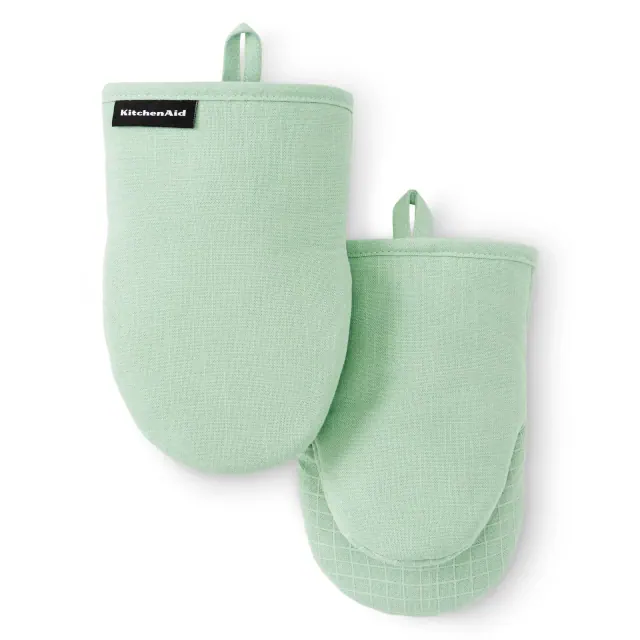 KitchenAid Gridlines Mini Oven Mitts 2-Pack, Soft Silicone Grip and Magnetic Cuff, Pistachio Green