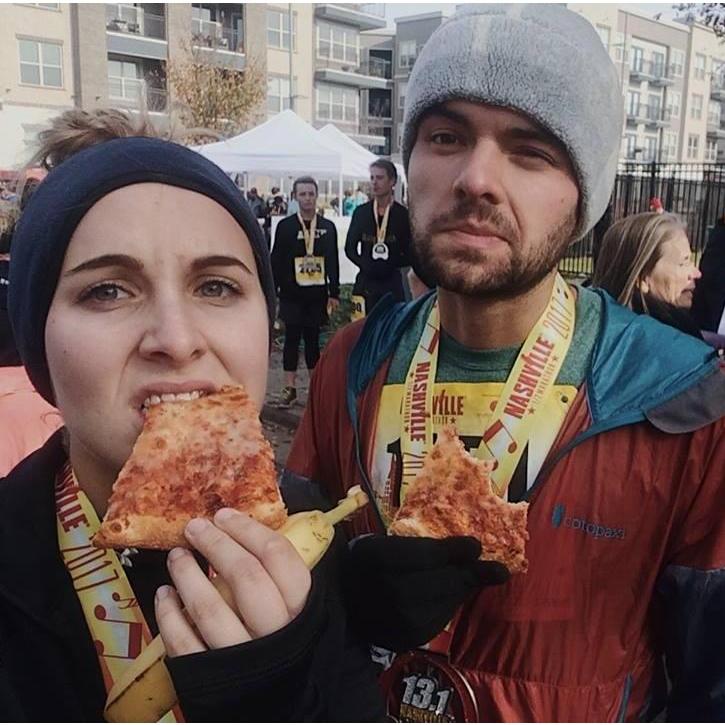 Pizza after we finished our first half marathon in Nashville, TN