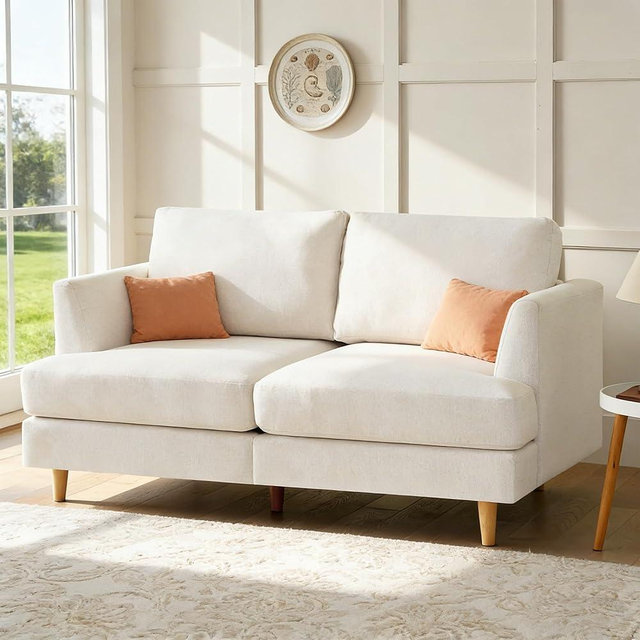 Busaurus 56" Loveseat Sofa, Small Love Seat Couches for Living Room, Midcentury Modern Deep Seat Sofa with Wood Legs, Compact Couch for Apartment, Office, Small Spaces, Beige