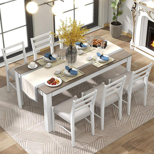 CITYLIGHT 7-Piece Wooden Dining Table Set, Extendable Table with 12” Leaf and 2 Drawers, 6 Dining Chairs with Soft Cushion, Kitchen Furniture Set for 6-8 People (Brown + White)