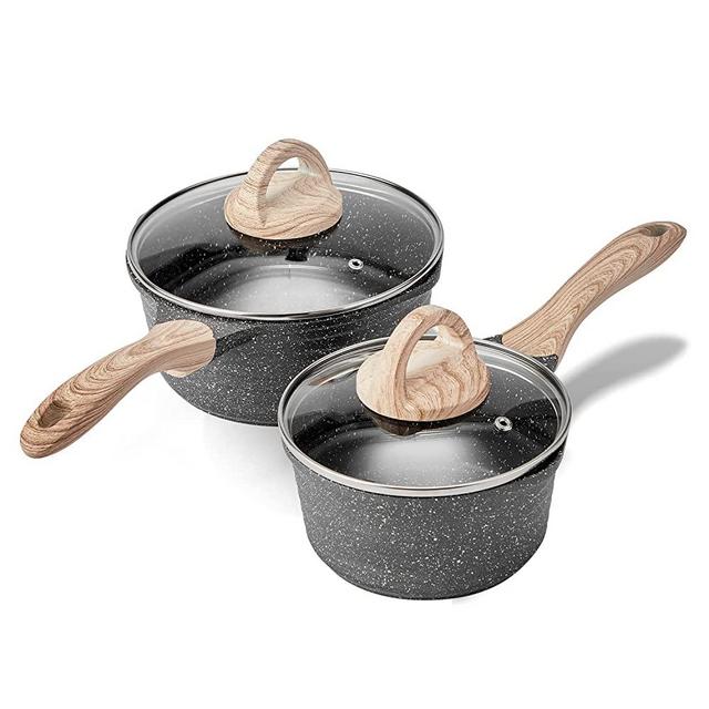 JEETEE Kitchen Nonstick Saucepan Set, 1.5 Quart & 2.5 Quart Induction Granite Coating Cookware Sets with Glass Lid & Pour Spout, PFOA Free (Grey, 4pcs Pots Set)