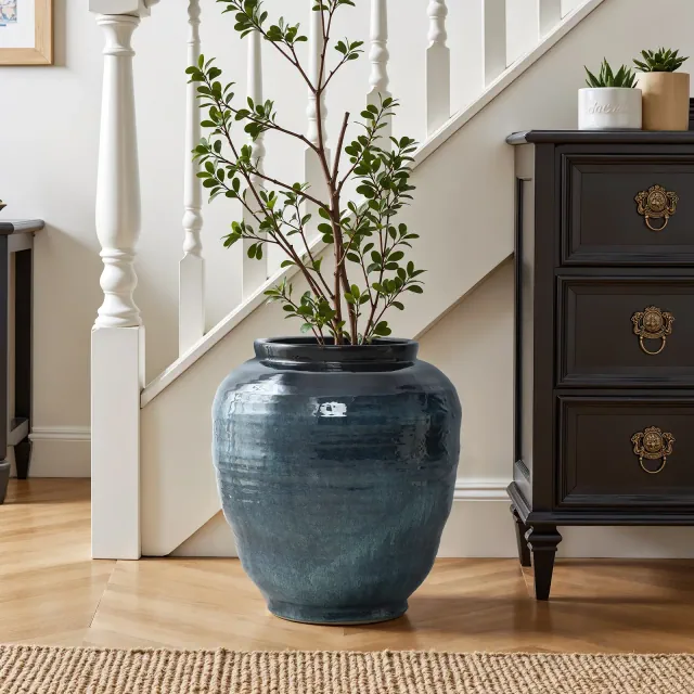 LuxenHome Blue Ripples Ceramic Vase, 17.3" High Elegant Centerpiece for Entryway or Living Room