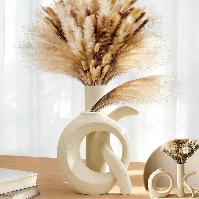 Assemble OK Ceramic Vase Set of 2 for Home Decor, Modern Boho Ins Style Matte Sculptural Flower Vase for Table Centerpiece, Living Room, Shelf, Mantle, Housewarming Gift (Beige White)