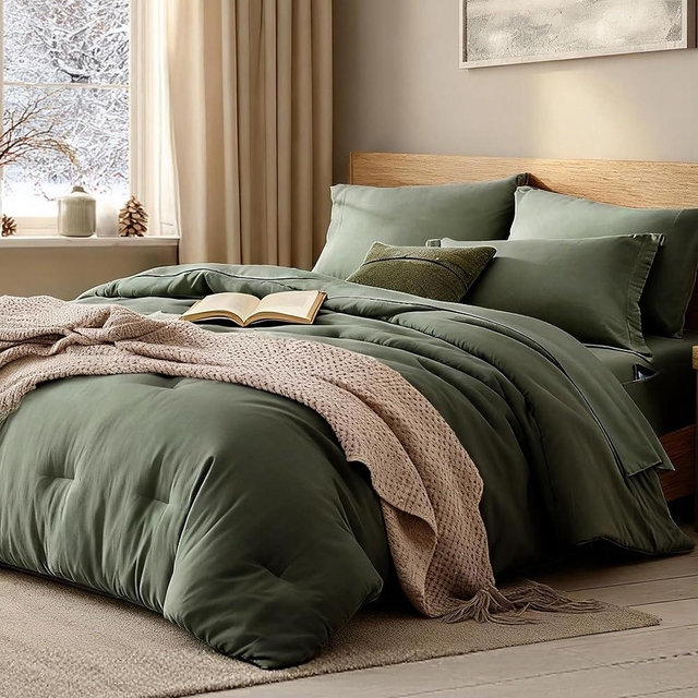 WRENSONGE Oversized Queen Comforter Set - 7 Pieces Olive Green Bed in a Bag Queen with Sheets, 2 Pillow Shams, and 2 Pillowcases- Warm Bedding Sets Queen for All Season