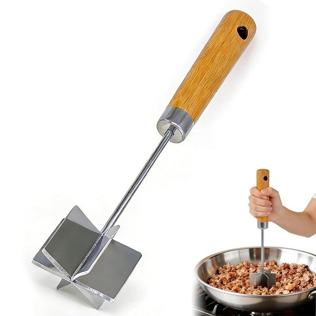 Stainless Steel Meat Chopper & Masher, 10.6 Inch Ground Beef Chopper Tool with 6 Curve Blades & Wooden Handle, Heat Resistant Meat Masher, Heavy-Duty Hamburger Smasher & Multi-Use Kitchen Tool