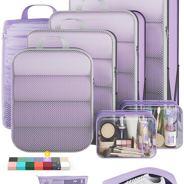 Veken 9/11 Set Compression Packing Cubes for Travel Essentials,Compressible Expandable Large Luggage Suitcase Organizer Bags for Clothing,Durable Space Saver Storage Bags(Light Purple)