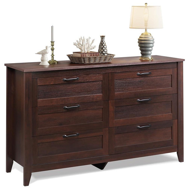 WLIVE 6 Drawer Dresser, Retro Chest of Drawers with Metal Handle, Double Wood Dresser for Bedroom, Living Room, Large Storage Cabinet, Brown