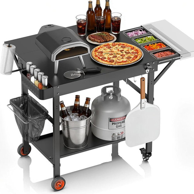 EUTRKei Pizza Oven Table with Topping Station - 45" x 29" Outdoor Grill Cart for Ooni, Ninja, Gozney, Solo Stove, Heavy Duty 450lbs Capacity, Grill Table with Extendable Desk for Tailgating Backyard