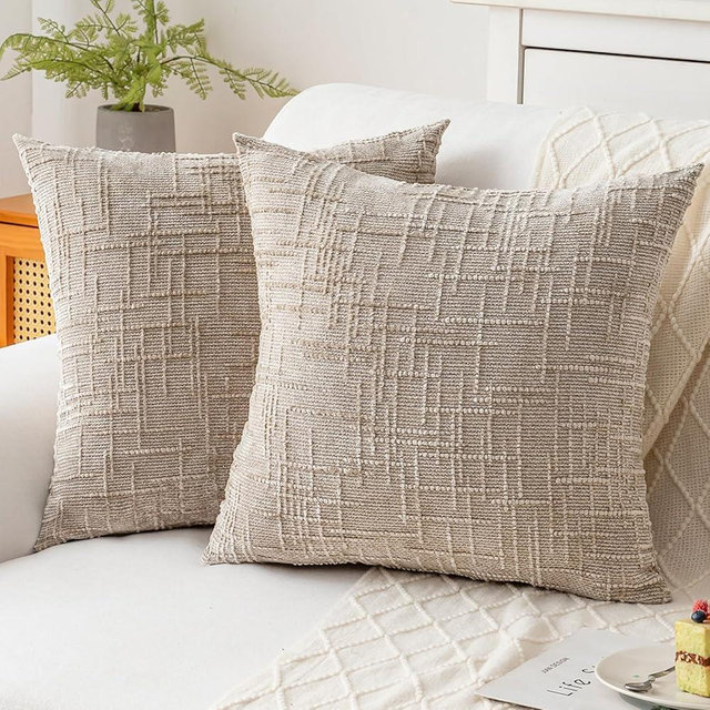 ZSkogur Decorative Throw Pillow Covers 18x18 Inch Set of 2, Soft Solid Farmhouse Chenille Couch Pillows, Spring Pillow Covers for Couch Sofa Bed Living Room Home Decor Pillowcase, Light Khaki