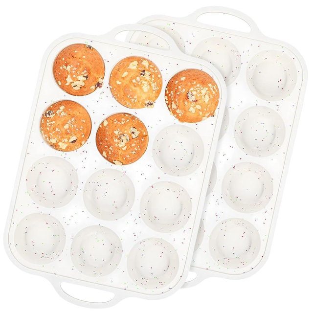 Fimary Silicone Cupcake Molds - 12-Cup Silicone Muffin Pan for Baking Non-stick Food Grade Muffin Tins Great for Muffins, Cupcakes - Cup-Size 2.9"x2.0"x1.2" Rainbow-Colored Dots Set of 2