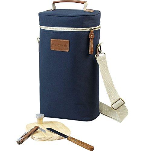 HappyPicnic 2 Bottle Wine Tote Bag,Insulated Travel Wine Carrier,2 Bottle Wine Bottle Cooler Bag Set with Picnic Carrying Tote Kit, Corkscrew,Bottle Stopper,Wooden Cheese Board and Knife