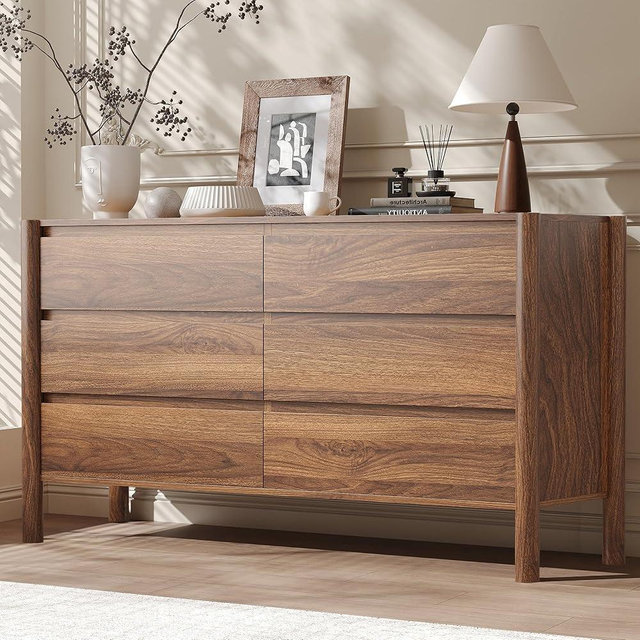 CHUWELL Walnut 6 Drawers Dresser for Bedroom, 47.2" Wide Mid Century Modern Chest of Drawers with 4 Solid Wood Cylindrical Legs and Large Storage Space, Large Dresser for Bedroom