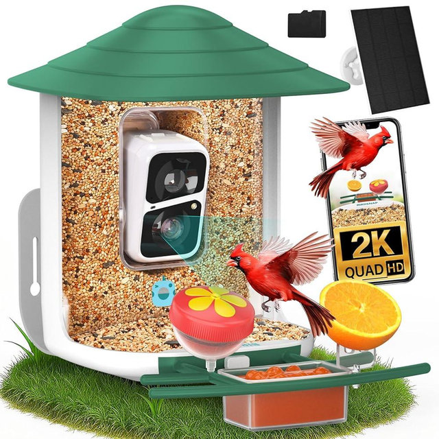 birdsnap® TUC Bird Feeder with Camera 2K HD, Solar Panel 32GB Card 4-in-1 Perch, 160°View Auto Detect & Notify AI Identify Video Bird Camera Wireless Outdoors Ideal Gift for Birds Lover