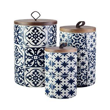 American Atelier 7106-CAN-RB Medallions Canister Set 3-Piece Ceramic Jars in Chic Design With Lids for Cookies, Candy, Coffee, Flour, Sugar, Rice, Pasta, Cereal & More Blue, 5, 6.5, 8",