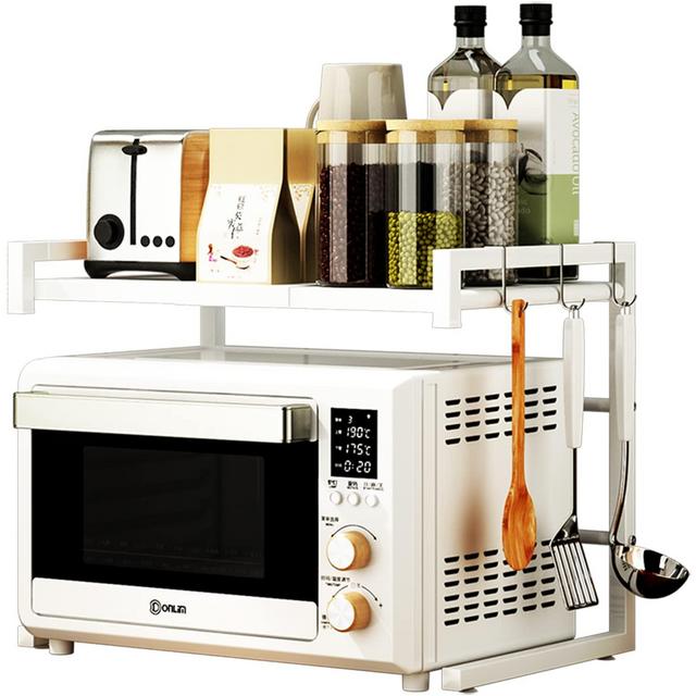 PUSDON Extendable Microwave Oven Rack, Heavy Duty Adjustable Microwave/ Toaster Shelf(L15.7~23.6" xW14.2 xH16.5), 2-Tier with 3 Hooks Kitchen Counter Top Organizer, 55lbs Weight Capacity, White