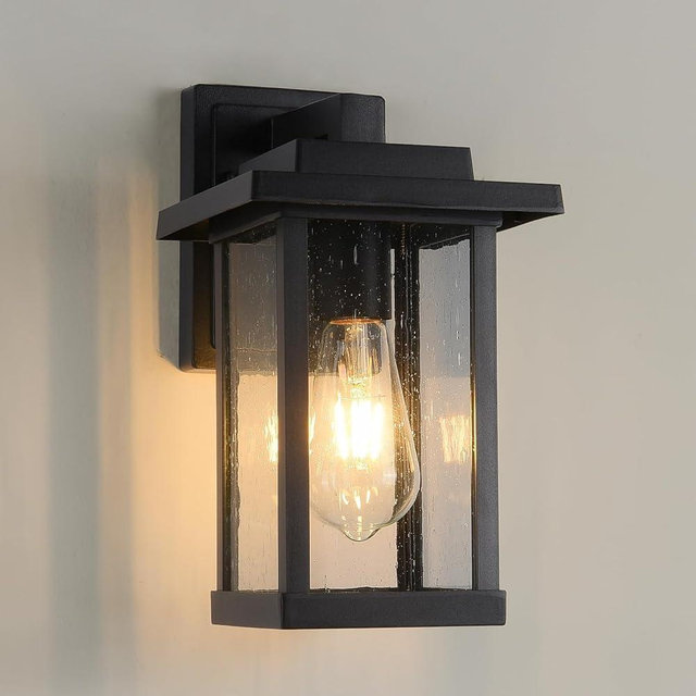 Smeike Outdoor Wall Sconce, Outside Porch Light Fixtures, Wall Mount Anti-Rust Exterior Wall Lights in Wood Grain Finish & Black Finish with Seeded Glass for Garage Doorway Entryway