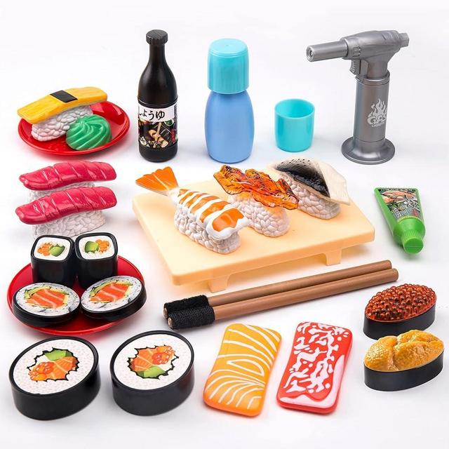 Funpynani Sushi Slicing Play Food Set, 34Pcs, 3+ Ages LED Light with Color Changing Pretend Food Toys Accessories with Velcro for Kids, Play Kitchen for Toddlers, Learning Gift for Girls Boys