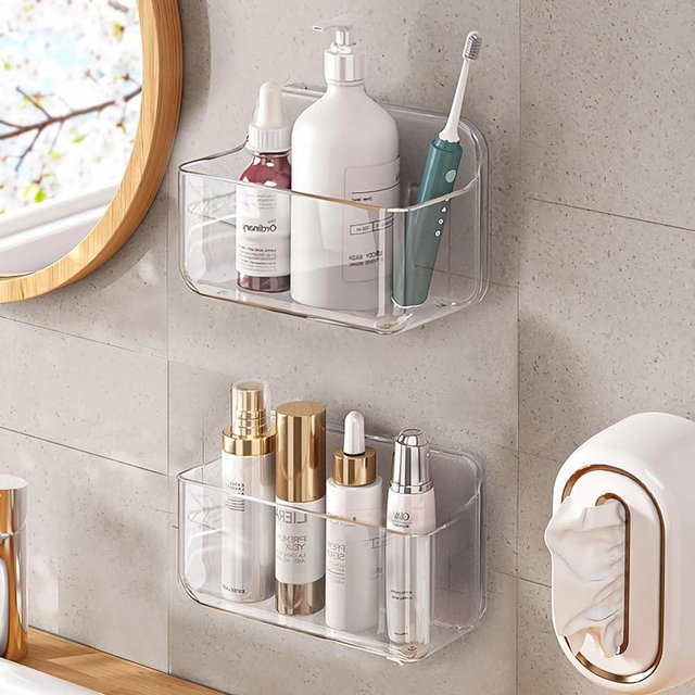 Diesisa 2pc Plastic Wall Mount Organizer, Adhesive Clear Cabinet Door Organizer,Acrylic Shelves for Wall,No Drilling Hang Walls,with Self Adhesive Tape, for Bathroom, Kitchen, Living Room