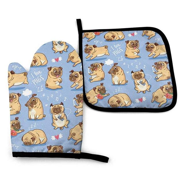 MSGUIDE Cute Funny Pug Oven Mitts Professional Heat Resistant 500 Degrees, Extra Long Pot Holders, Non-Slip Kitchen Gloves