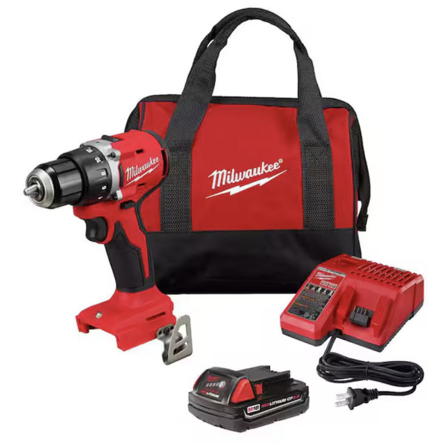 Milwaukee M18 18V Lithium-Ion Brushless Cordless 1/2 in. Compact Drill/Driver with One 2.0 Ah Battery, Charger and Tool Bag 3601-21P