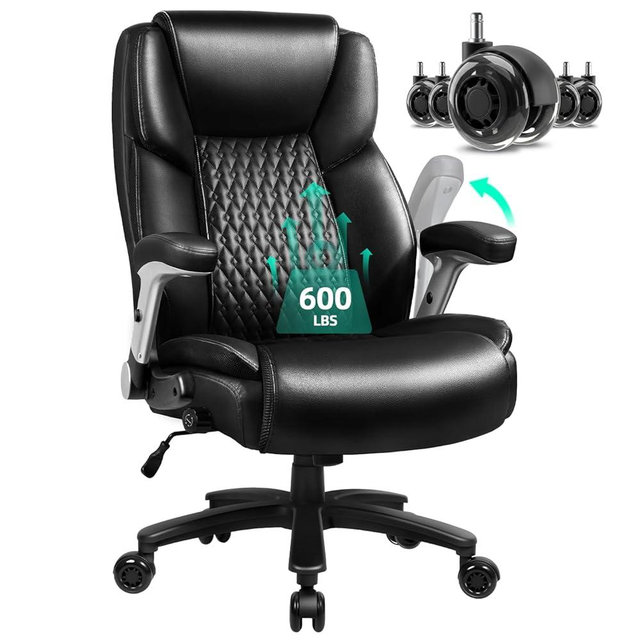 VITESSE 600lbs Big and Tall Office Chair with Flip up Armrest, Large Heavy Duty with Ergonomic Lumbar Support, Executive Office Chair for Heavy People with Quiet Rubber Wheel(Black)