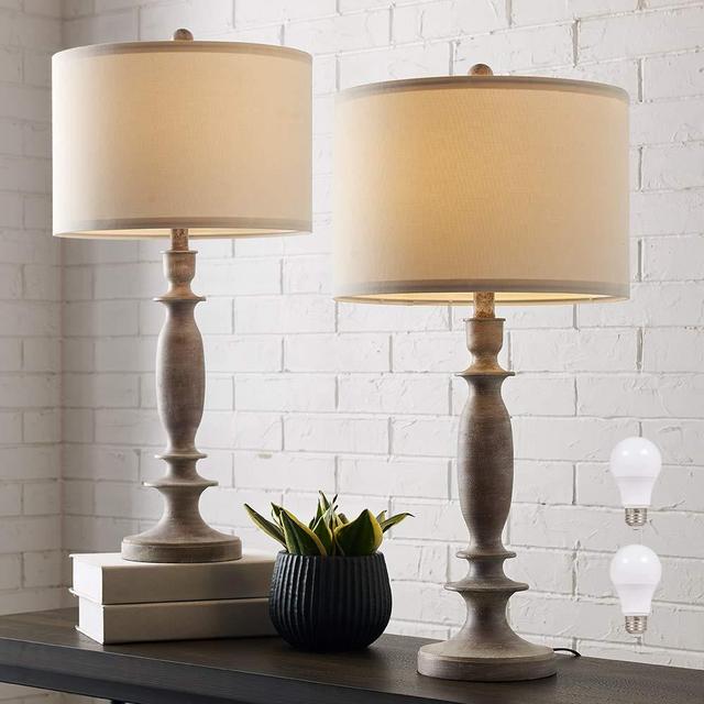 29"H Table Lamp Set of 2 for Living Room or Bedroom, 9.5W LED Bulbs Included, Large Tall Farmhouse Wood Finish Table Lamps with White Linen Shade