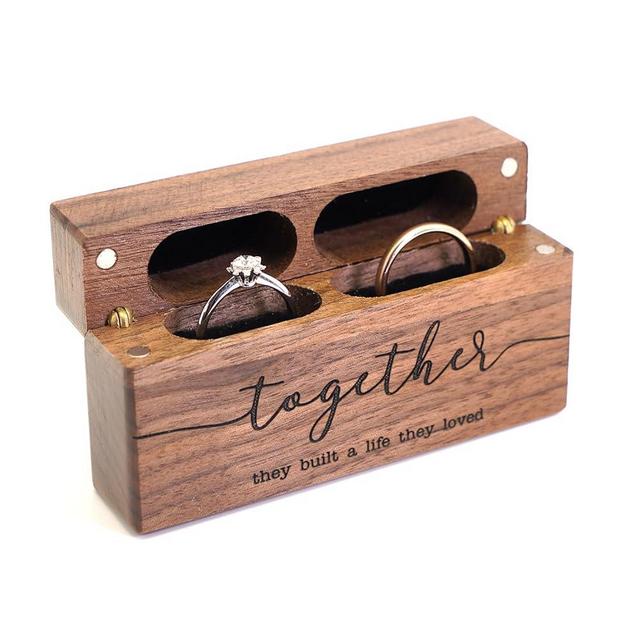 Tinnberlohas Wood Ring Box - Engraved Slim Double Ring Box for Wedding Ceremony Engagement Proposal - Anniversary Birthday Gift Ideas (Together)