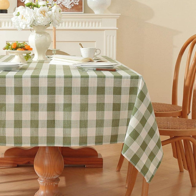 gillhov Gingham Tablecloth Rectangle Checkered Table Cloth Cotton Linen Fabric Wrinkle Free Washable Buffalo Plaid Table Cover for Kitchen Dining Picnic Camping, Green and White, 55 * 70 inch