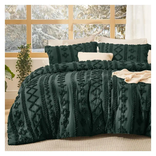 Bedsure Tufted Boho Comforter Set King Size - Emerald Green Boho Bed Set, GentleSoft™ 3 Pieces Farmhouse Shabby Chic Embroidery Bedding, Gifts for Wom