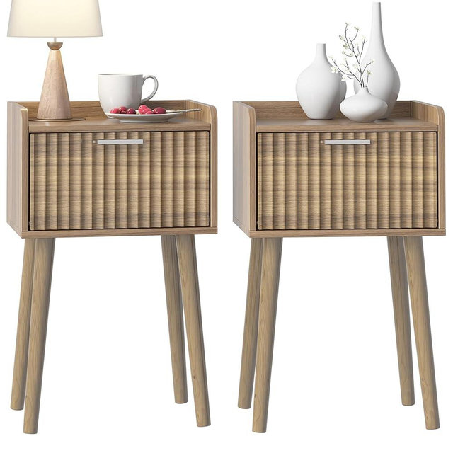 LAATOOREE Small Nightstand Set of 2, Side End Table with Fluted Door, Bedside Table with Solid Wood Legs, Mid-Century, for Bedroom, Small Beds