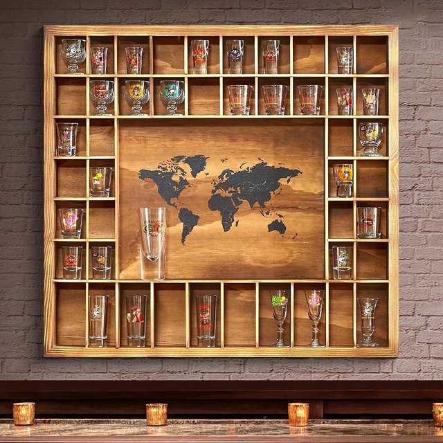 Tristcily Large Shot Glass Display Case with World Map, 46 Slots, 29 x 26 Inch Rustic Wood Shot Glass Display Cabinet for 2 Size in Rooms Bars Wine Cellars with Shot Glasses Jewelry Shell & Keepsakes