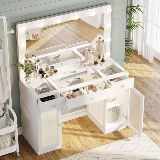 Vanity Desk with Mirror and Lights, Glass Top Vanity with lights & Power Outlet, Makeup Vanity Desk with Lights, Light White Vanity Table with 3 Color Lighting Modes, Dressing Table for Women, Girls
