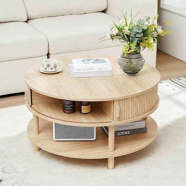 XUZENEST 31.5” Round Coffee Table with Storage, Mid Century Modern 2 Tier Coffee Table with Tambour Sliding Door, Solid Wood Legs Fluted Center Table for Living Room Home Office Small Space, Natural