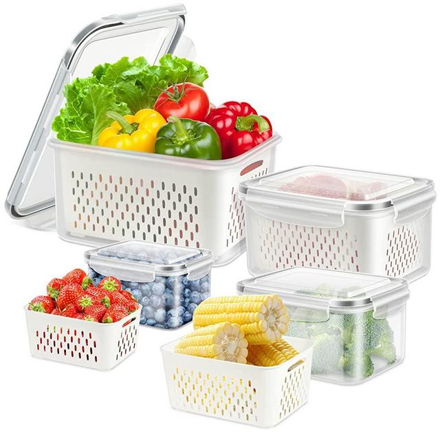 4 Pack Fridge Food Storage Container Set with Lids, ODOMU Plastic Fresh Produce Saver Vegetable Fruit Meat Storage Organization, BPA Free Kitchen Refrigerator Organizers Bins (4.15L+3.15L+1.7L+0.8L)