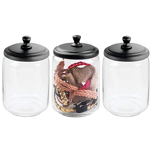 mDesign Modern Glass Bathroom Vanity Countertop Storage Organizer Canister Apothecary Jar for Cotton Swabs, Rounds, Balls, Makeup Sponges, Bath Salts - 3 Pack - Clear/Black