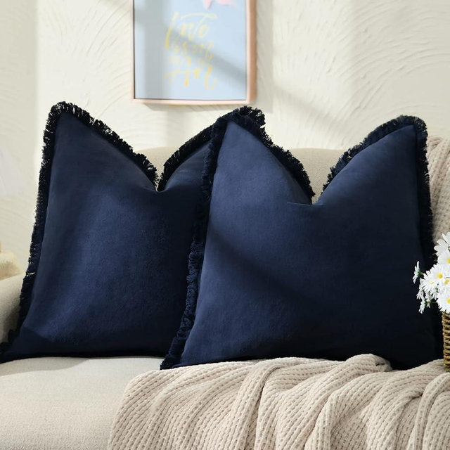 ZWJD Pillow Covers 26x26 Set of 2 Navy Throw Pillow Covers with Fringe Chic Cotton Decorative Pillows Square Cushion Covers for Sofa Couch Bed Living Room Farmhouse Boho Decor