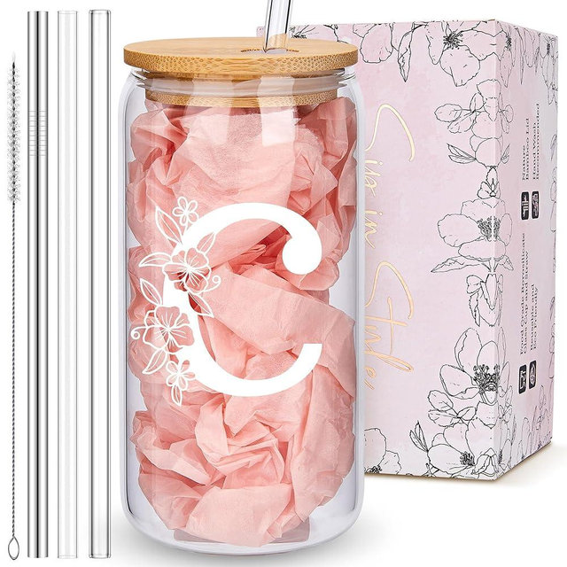 Personalized Tumbler, Monogrammed Can Glass Cups with Bamboo Lids and Straws, Customized Gifts for Women, Cute Design Initial Iced Coffee glasses, Custom Letter Mug, Birthday Bridesmaid, C