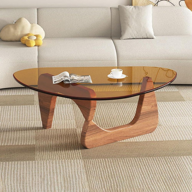 Triangle Glass Coffee Table-Mid-Century Modern End Table Solid Wood Base and Vintage Tempered Transparent Glass Top Coffee Tables Living Room Balcony (Walnut/Brown, Small 32.2 * 22.4 * 16in)