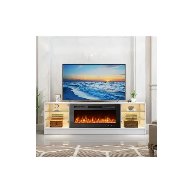 EROMMY 36'' Electric Fireplace TV Stand, Entertainment Center & TV Console for TVs up to 80'', Modern Fireplace Heater for Living Room - White