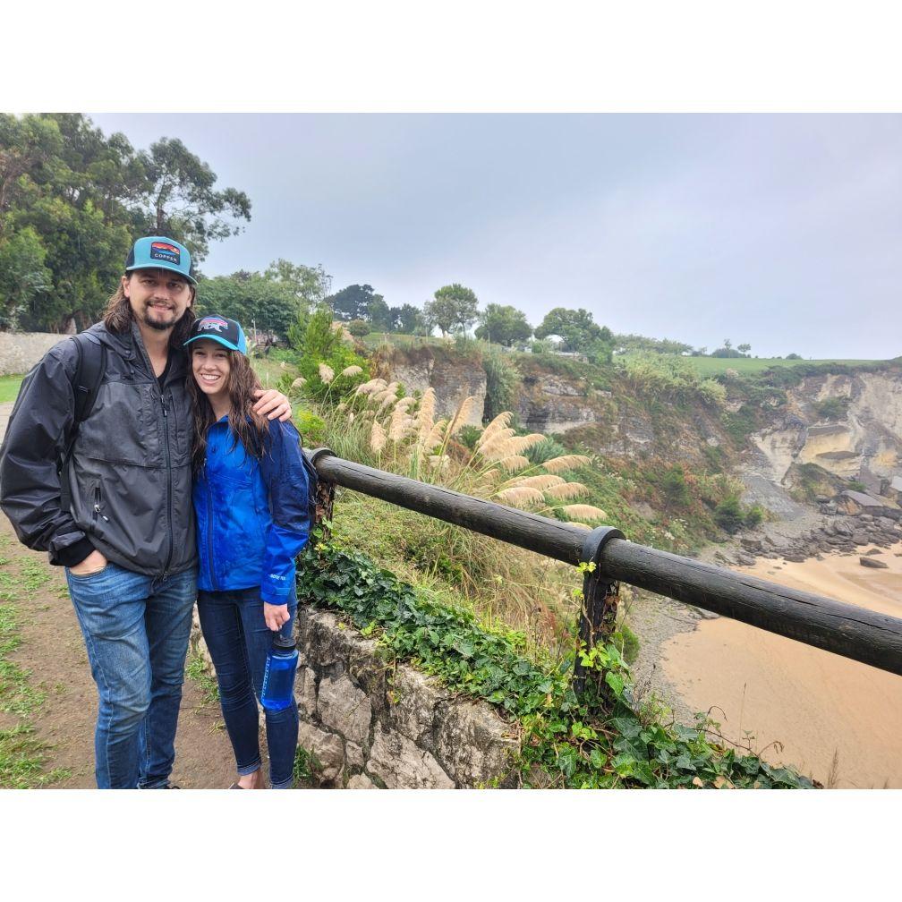 In Spain, hiking in the rain.