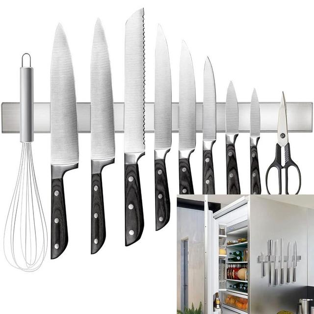 Rymmzone Magnetic Knife Holder for Refrigerator, 17" Double-Sided Knife Magnetic Strip, Premium SUS304 Stainless Steel Magnetic Knife Holder for Wall, Can be Used as Knife Rack, Tool Holder, and More